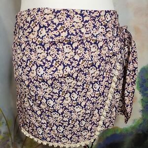 Purple and White Sarong-style Wrap Skirt with Floral Print And Shell Border